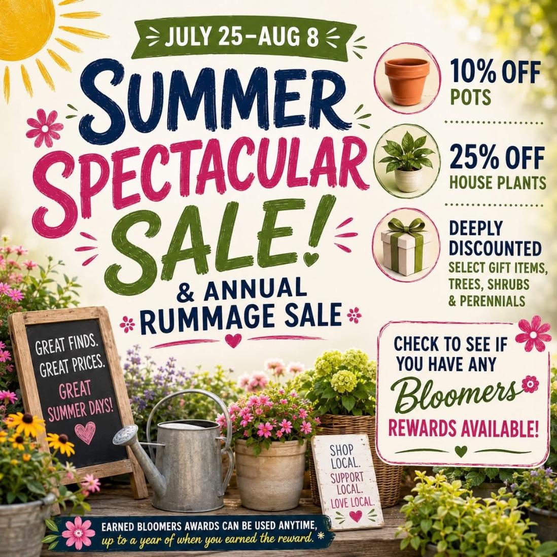 gift cards, hours, Bloomers Garden Center, products, plants, discount, clearance, end of season